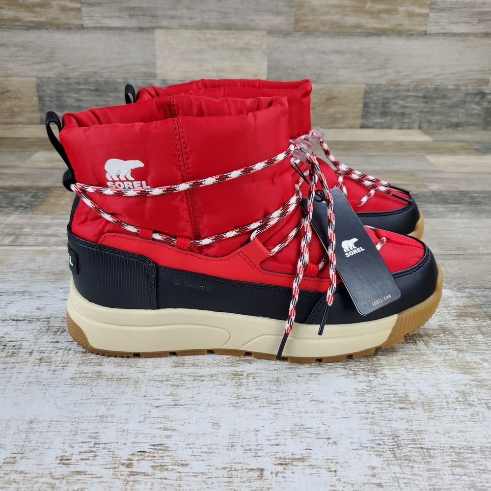 Sorel Whitney III Womens Boots Sz 8.5 Bright Red Black Nylon Waterproof Slip On